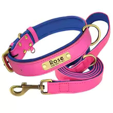 Personalised Leather Dog Collar & Leash Set – Free Engraved Nameplate