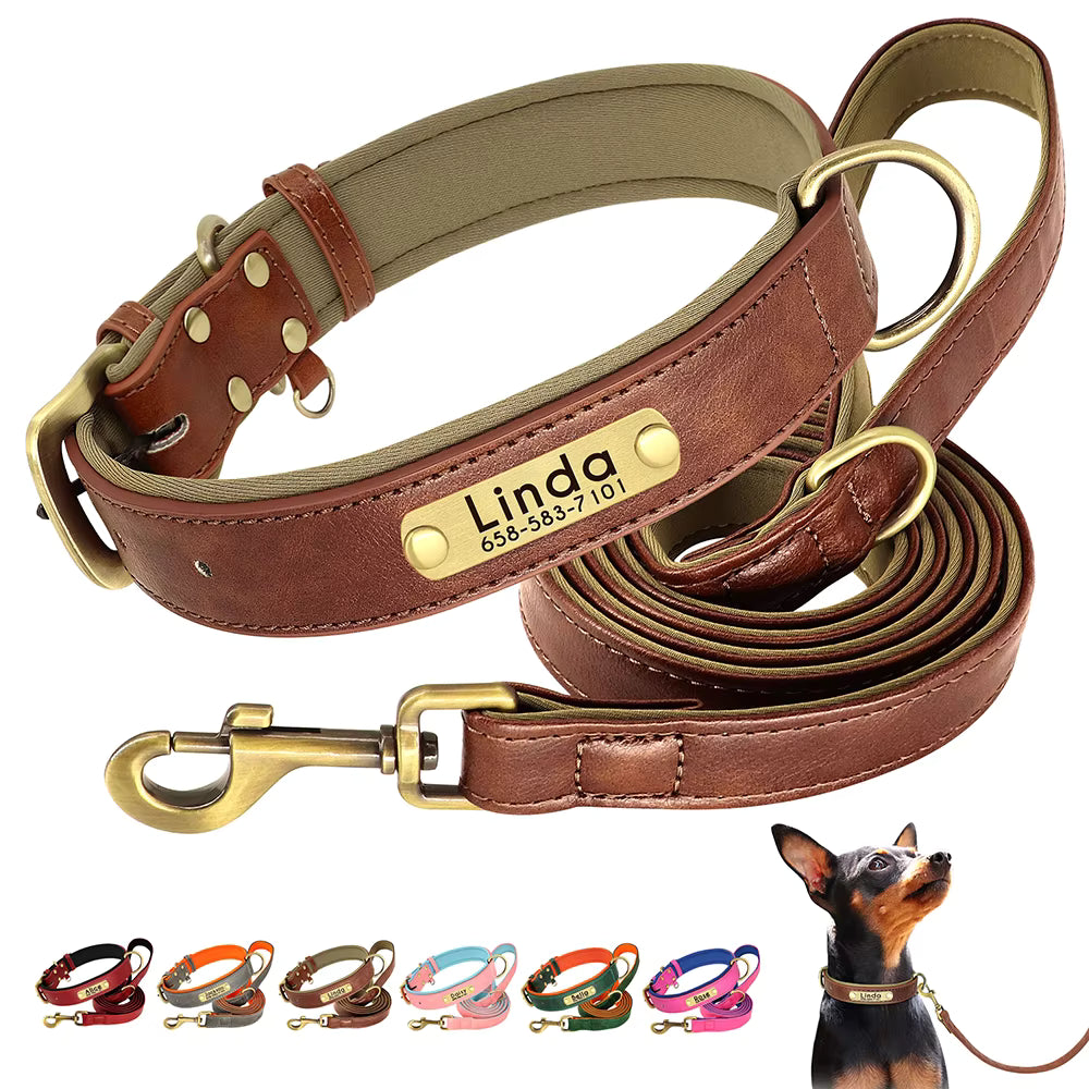 Personalised Leather Dog Collar & Leash Set – Free Engraved Nameplate