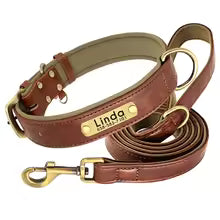 Personalised Leather Dog Collar & Leash Set – Free Engraved Nameplate