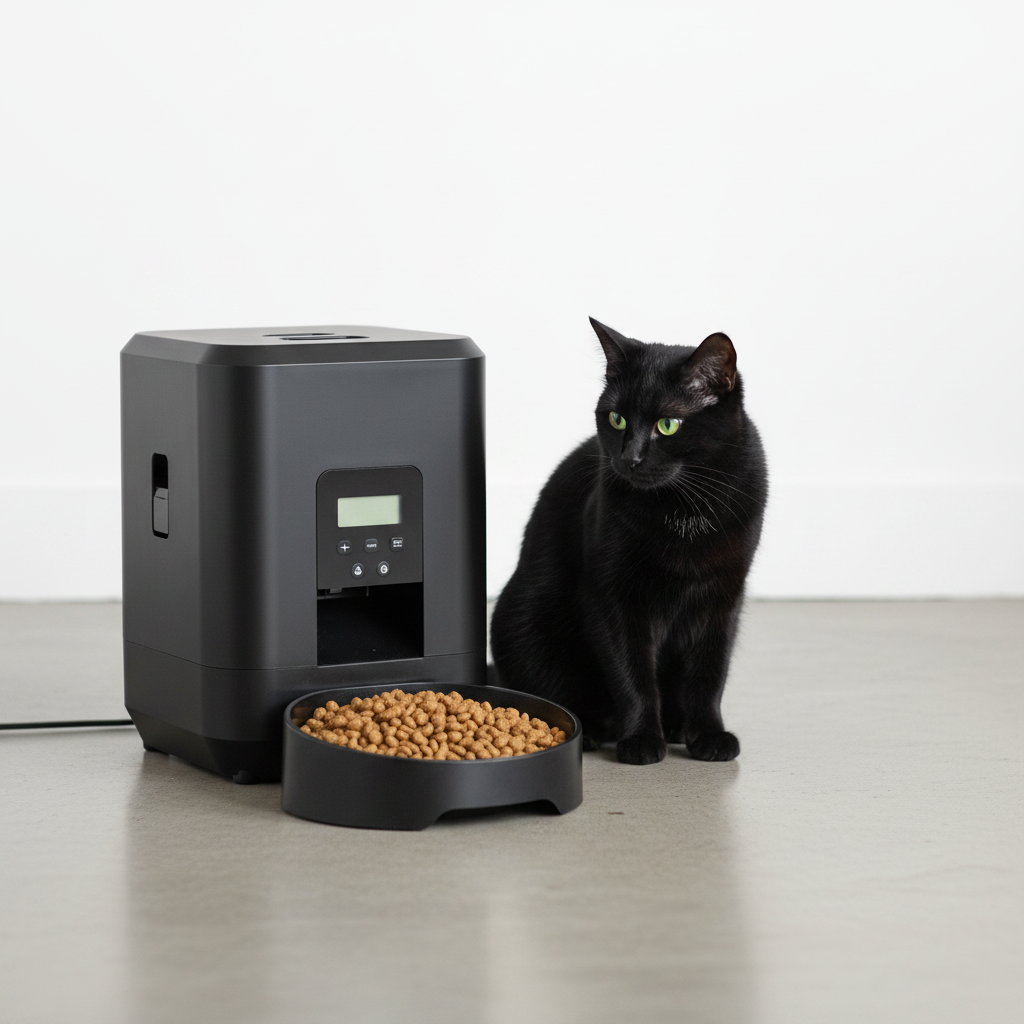 Black Pet Feeder with Cat